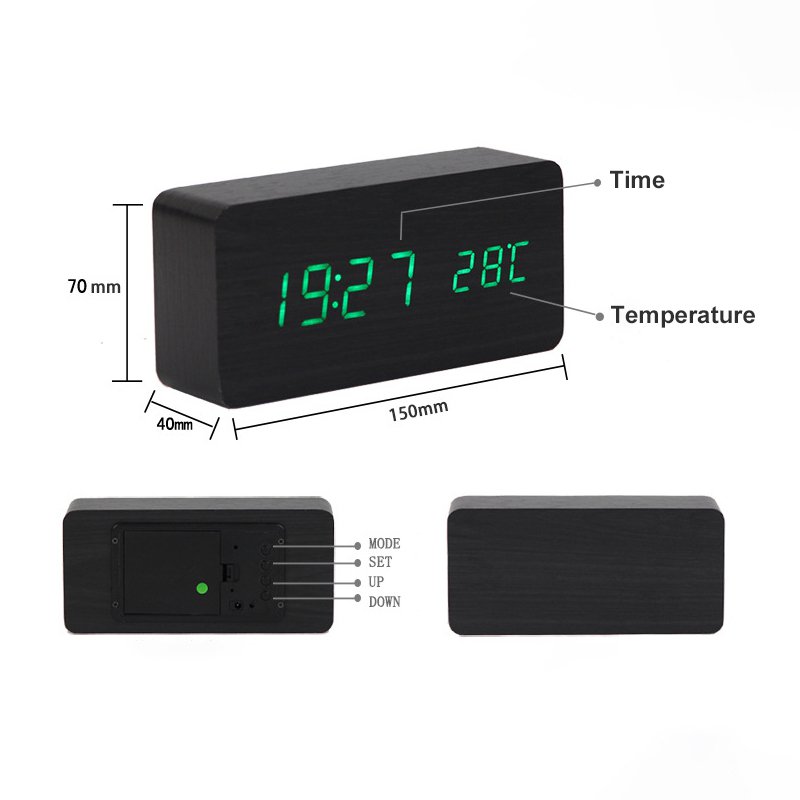 LED Teak Cuboid Alarm Clock