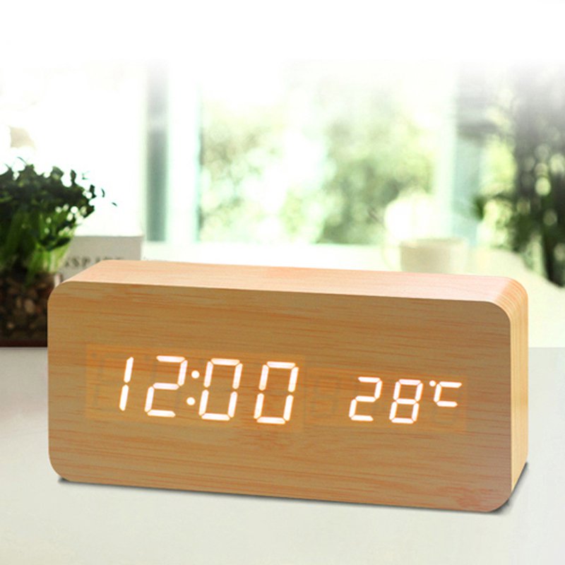 LED Teak Cuboid Alarm Clock